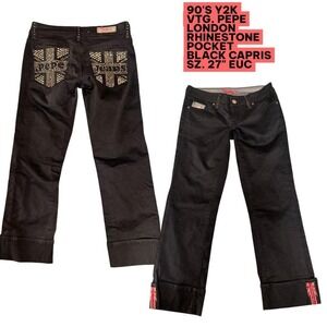 90'S Y2K VINTAGE Pepe Jeans London Rhinestone Union Jack Capris 27"